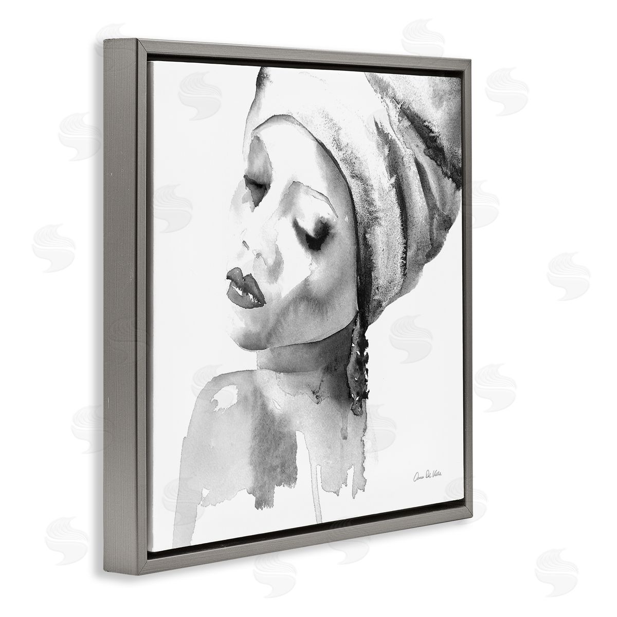 Aimee Del Valle Woman With Headwrap Tranquil Black White Watercolor Portrait Gray Floating Frame Canvas Wall Art Print