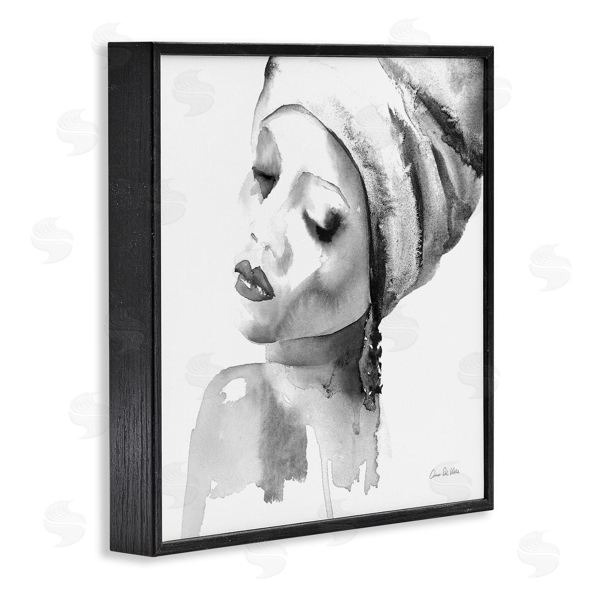 Aimee Del Valle Woman With Headwrap Tranquil Black White Watercolor Portrait Black Framed Glicee Wall Art Print