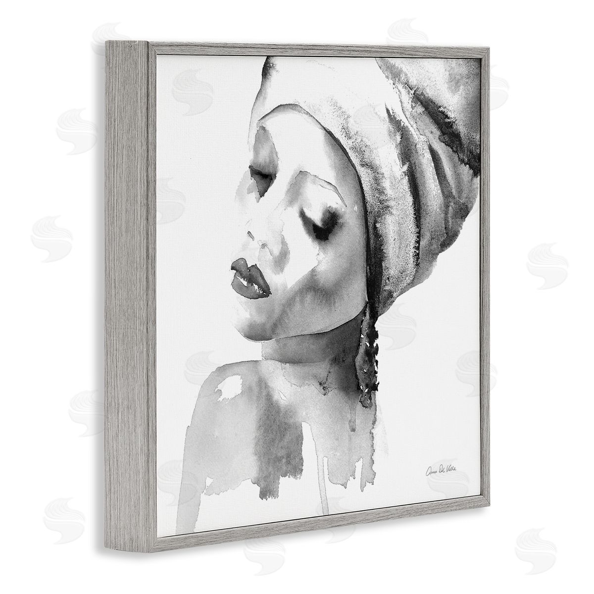 Aimee Del Valle Woman With Headwrap Tranquil Black White Watercolor Portrait Gray Framed Glicee Wall Art Print