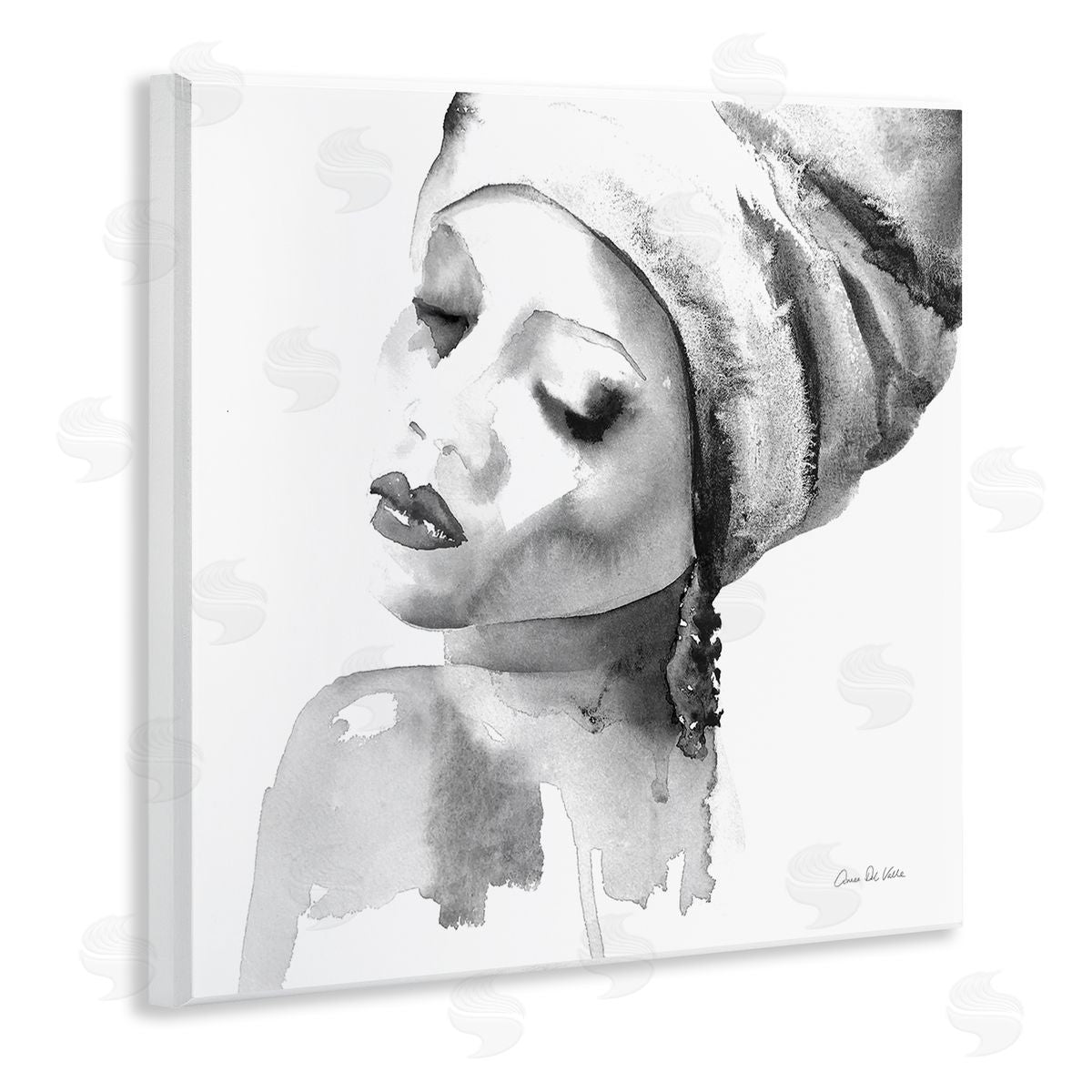 Aimee Del Valle Woman With Headwrap Tranquil Black White Watercolor Portrait Wooden Wall Plaque Art Print