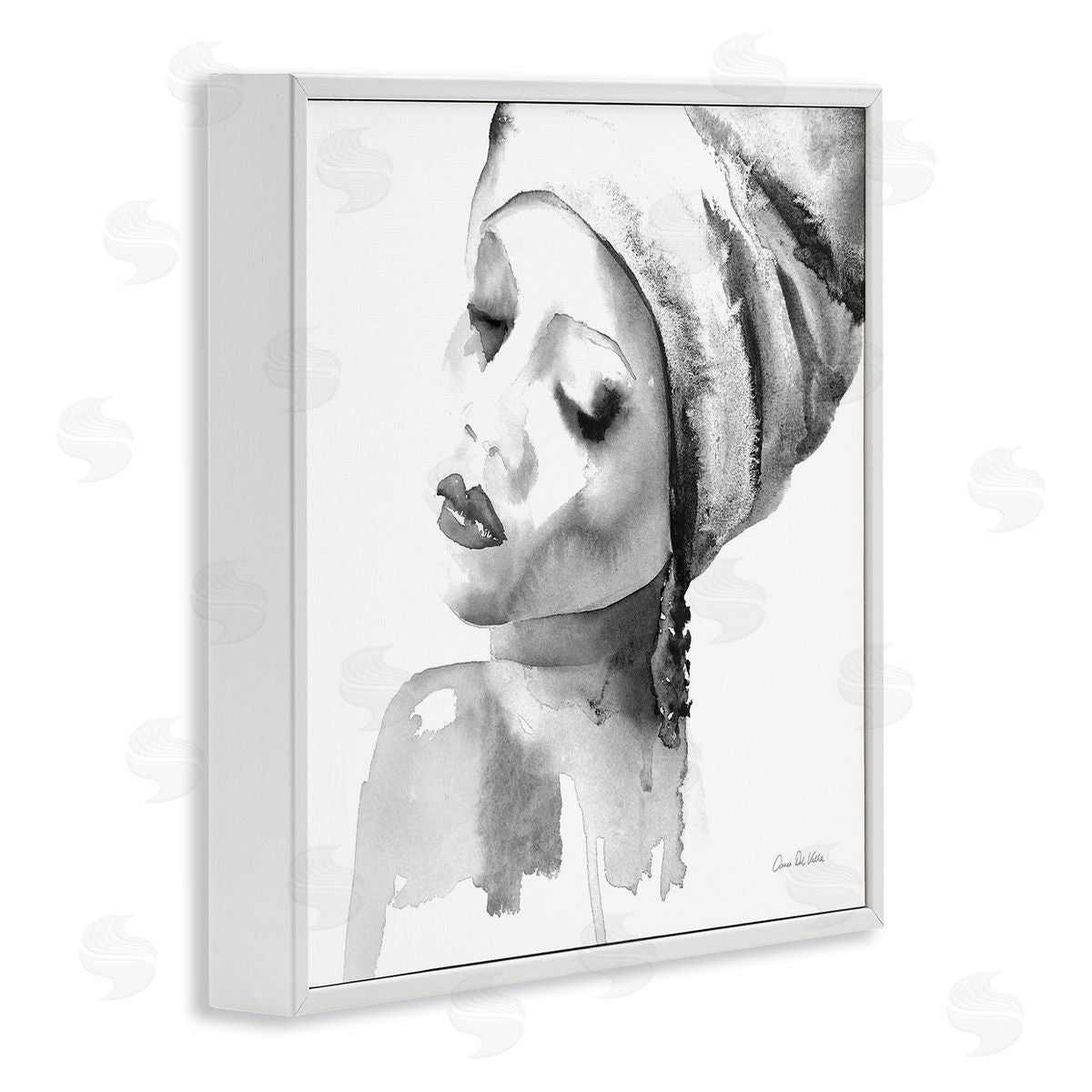 Aimee Del Valle Woman With Headwrap Tranquil Black White Watercolor Portrait White Framed Glicee Wall Art Print