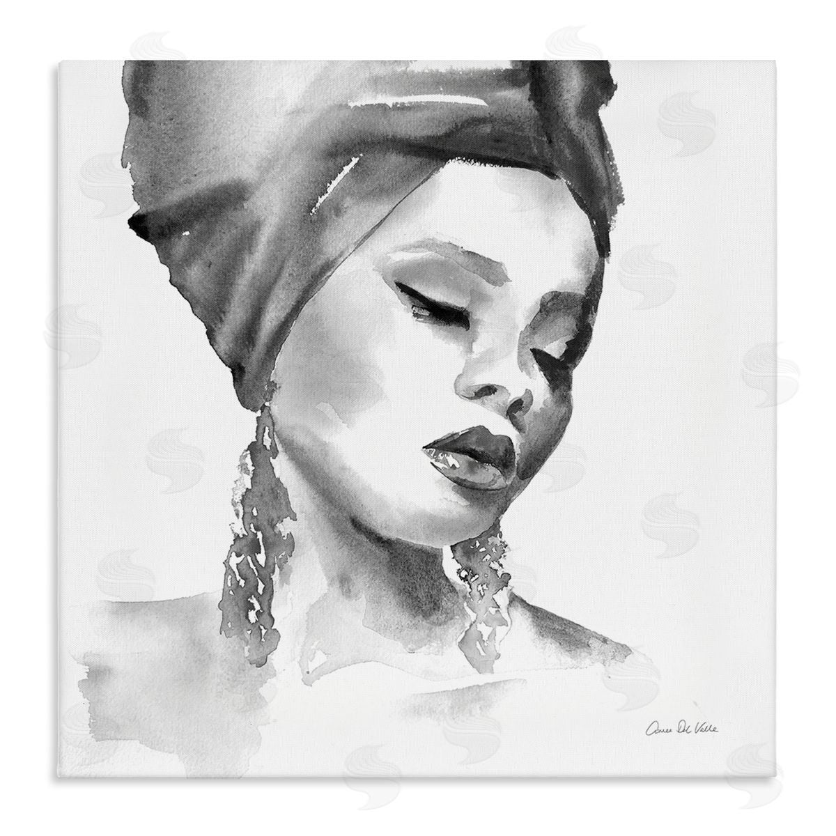 Aimee Del Valle Woman With Headwrap Soft Watercolor Portrait Painting Stretched Canvas Wall Art Print