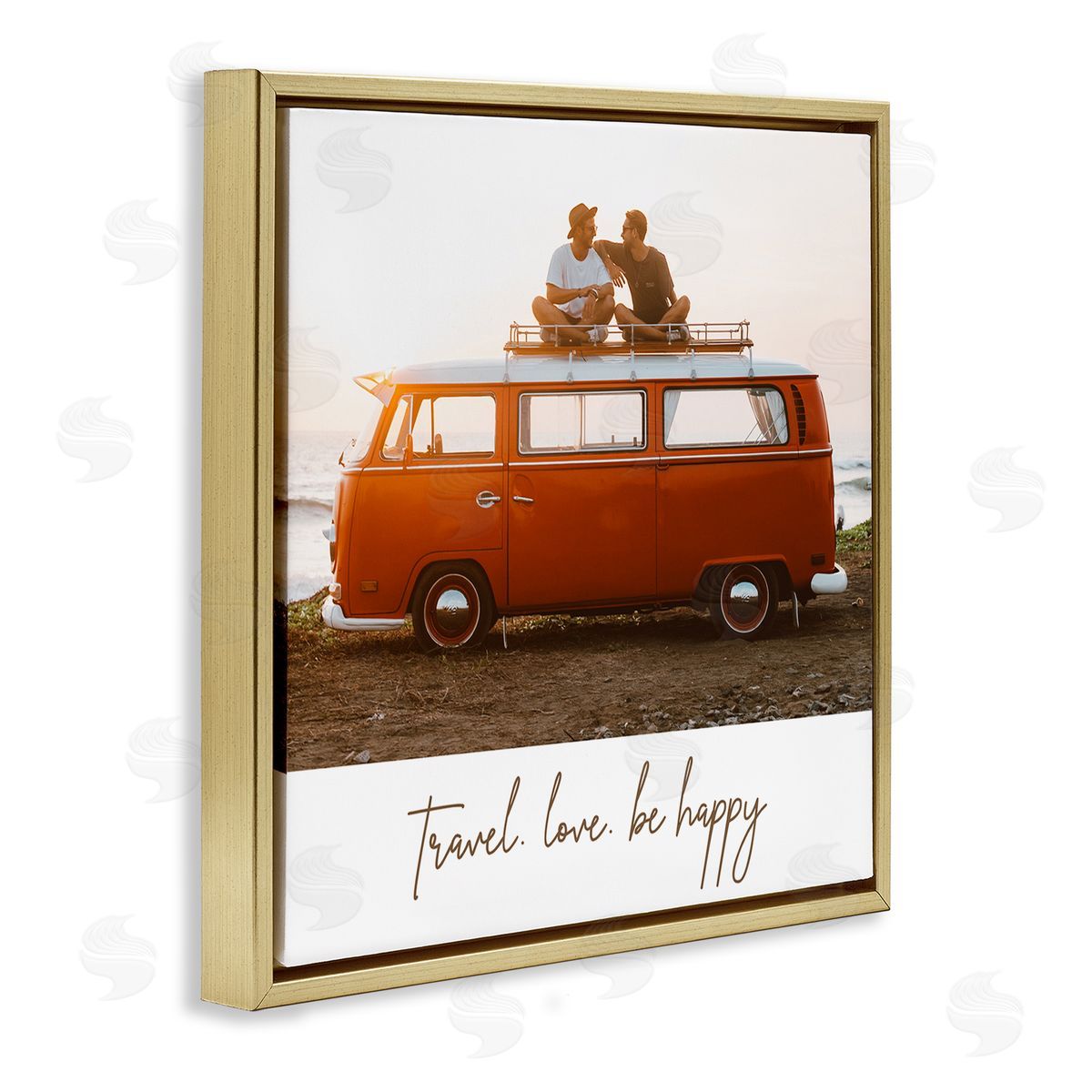 Birch & Ink Travel Love Happy Phrase Retro Beach Van Romance Gold Floating Frame Canvas Wall Art Print