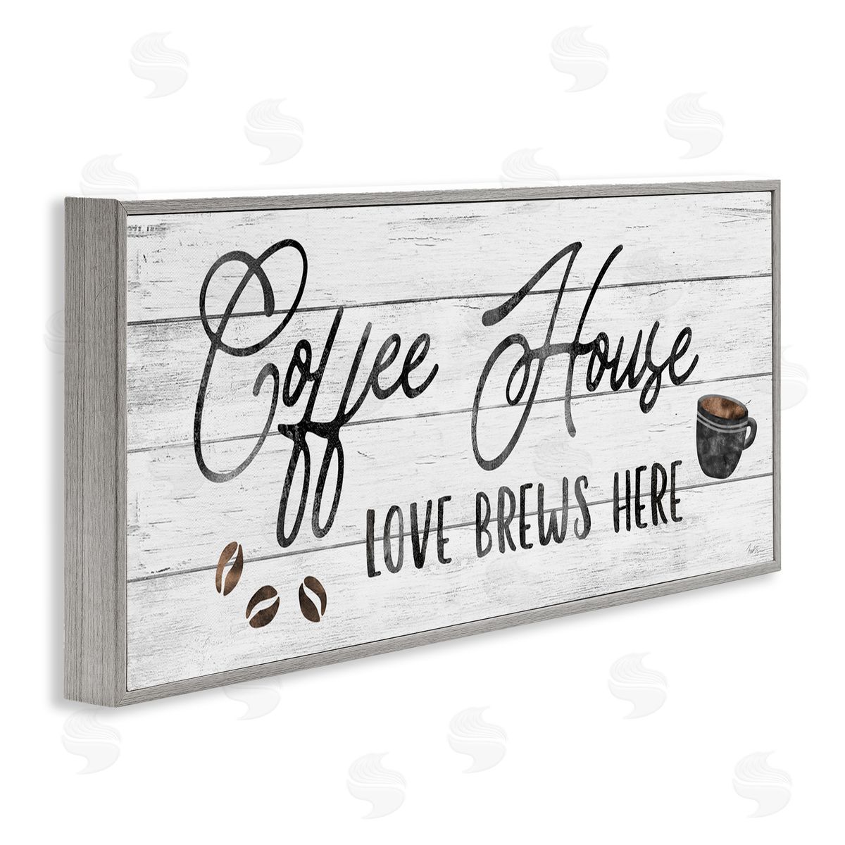 Coffee House Love Brews Here Grey Frame Print Wall Art, Home Decor by Natalie Carpentieri