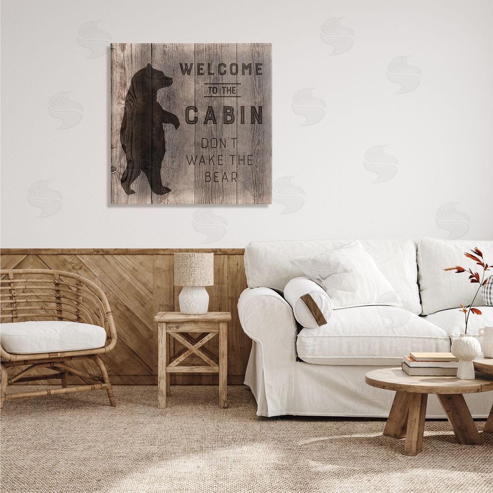 CAD Designs Welcome to Cabin Don�t Wake Bear Rustic Phrase Canvas Wall Art in Room
