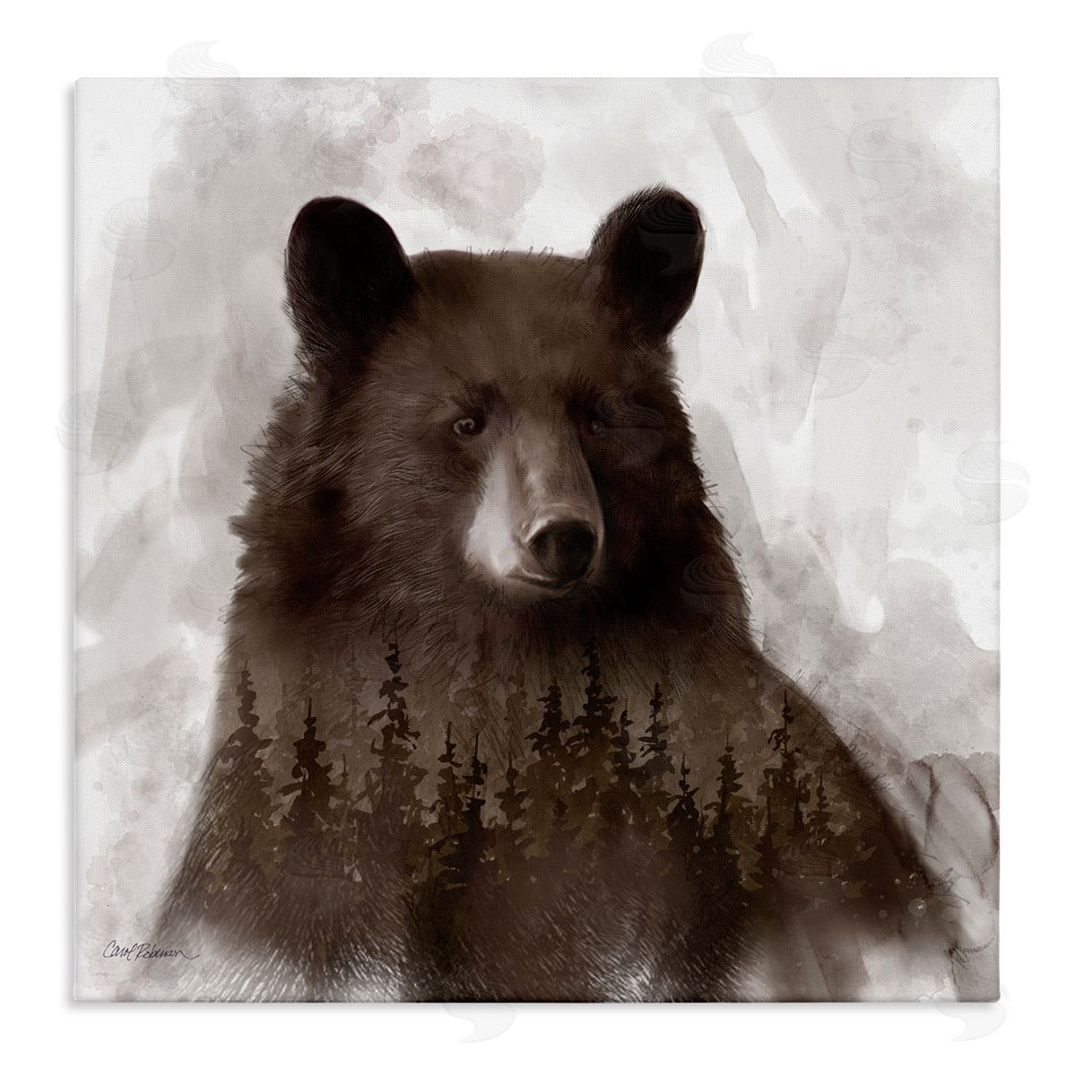 Carol Robinson Woodland Brown Bear Portrait Abstract Pine Tree Forest Stretched Canvas Wall Art Print