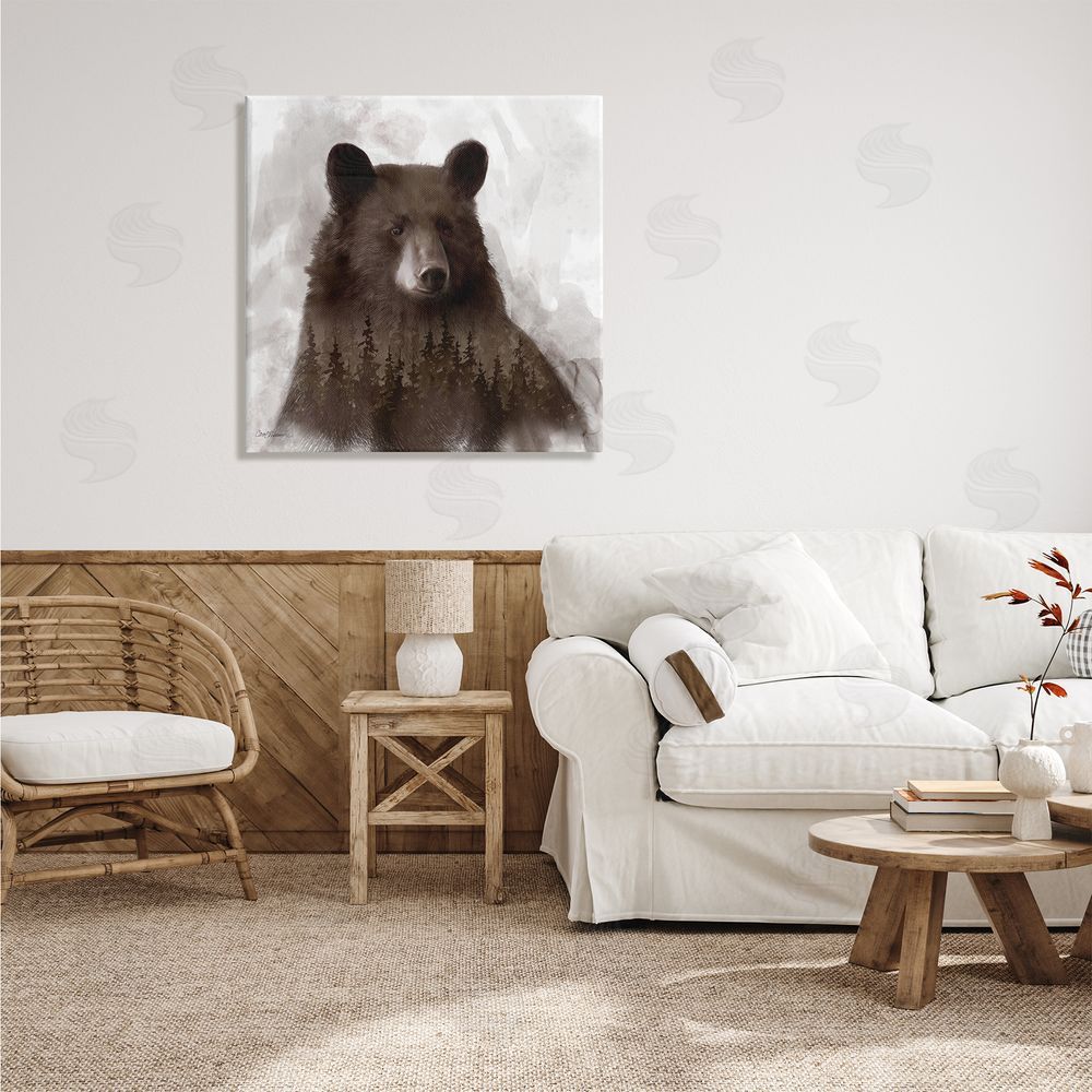 Carol Robinson Woodland Brown Bear Portrait Abstract Pine Tree Forest Canvas Wall Art in Room