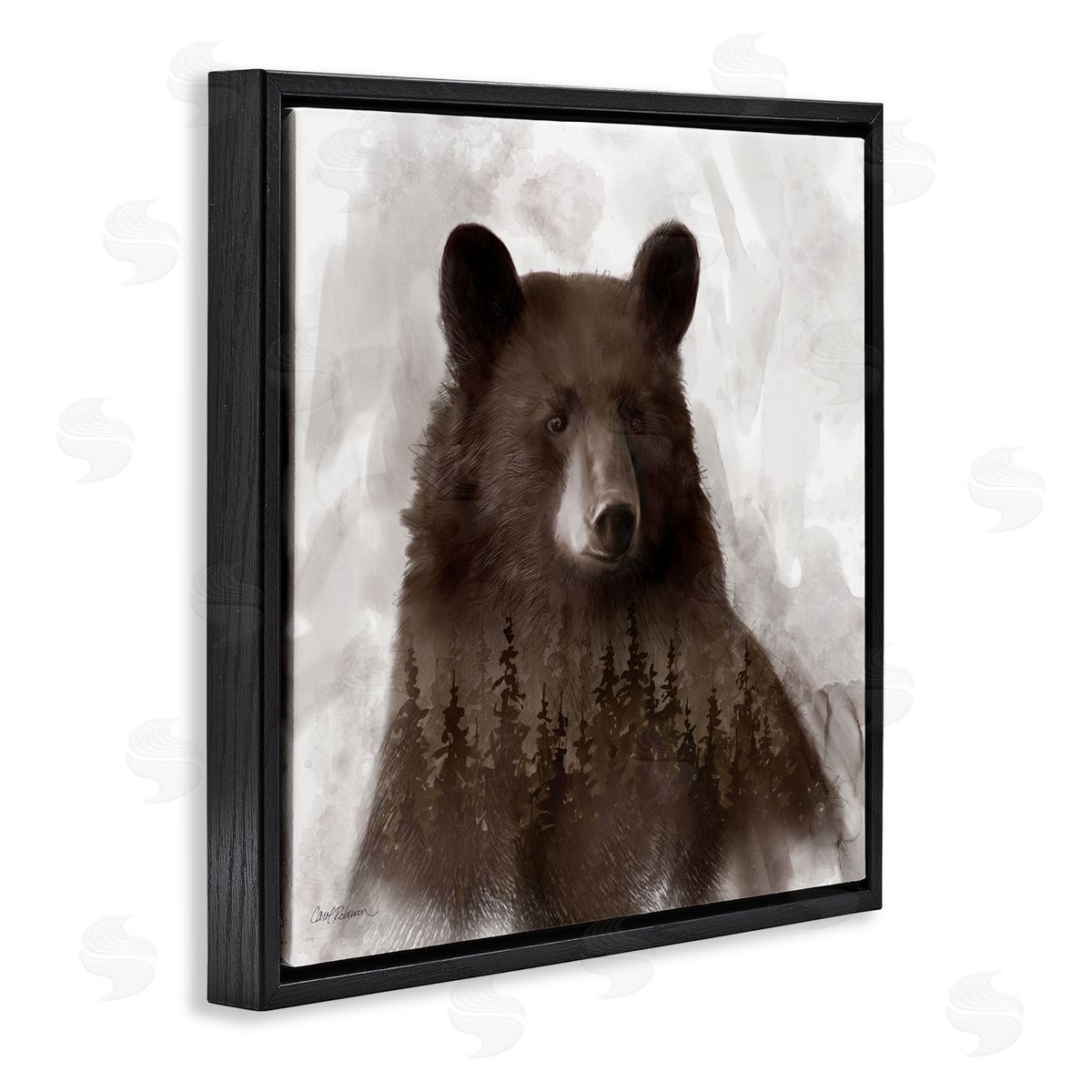 Carol Robinson Woodland Brown Bear Portrait Abstract Pine Tree Forest Black Floating Frame Canvas Wall Art Print