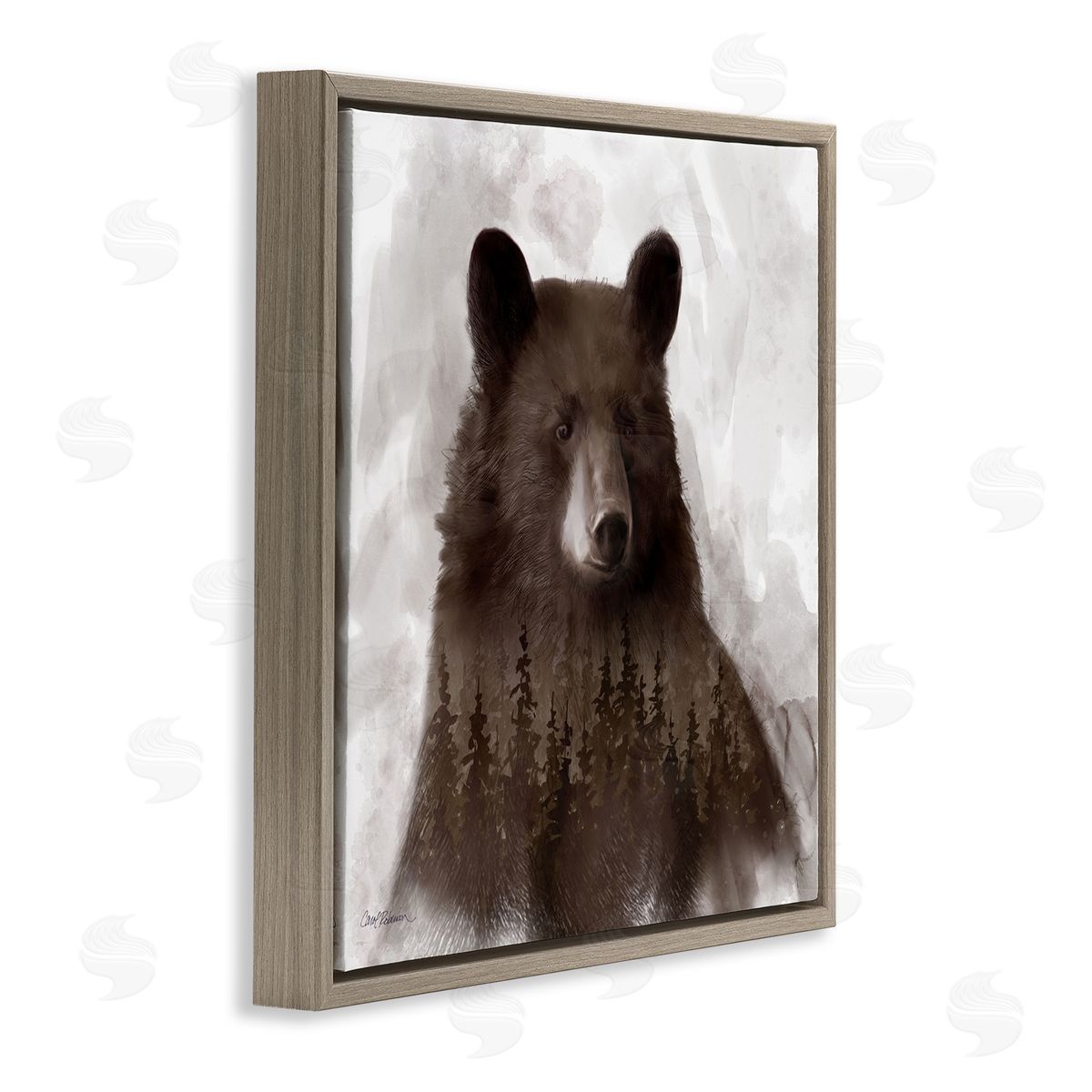 Carol Robinson Woodland Brown Bear Portrait Abstract Pine Tree Forest Brown Floating Frame Canvas Wall Art Print