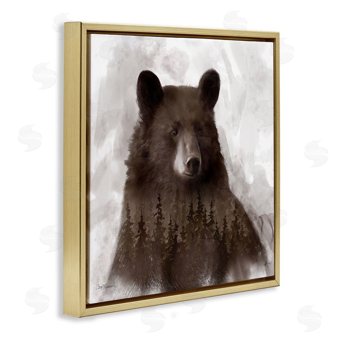 Carol Robinson Woodland Brown Bear Portrait Abstract Pine Tree Forest Gold Floating Frame Canvas Wall Art Print