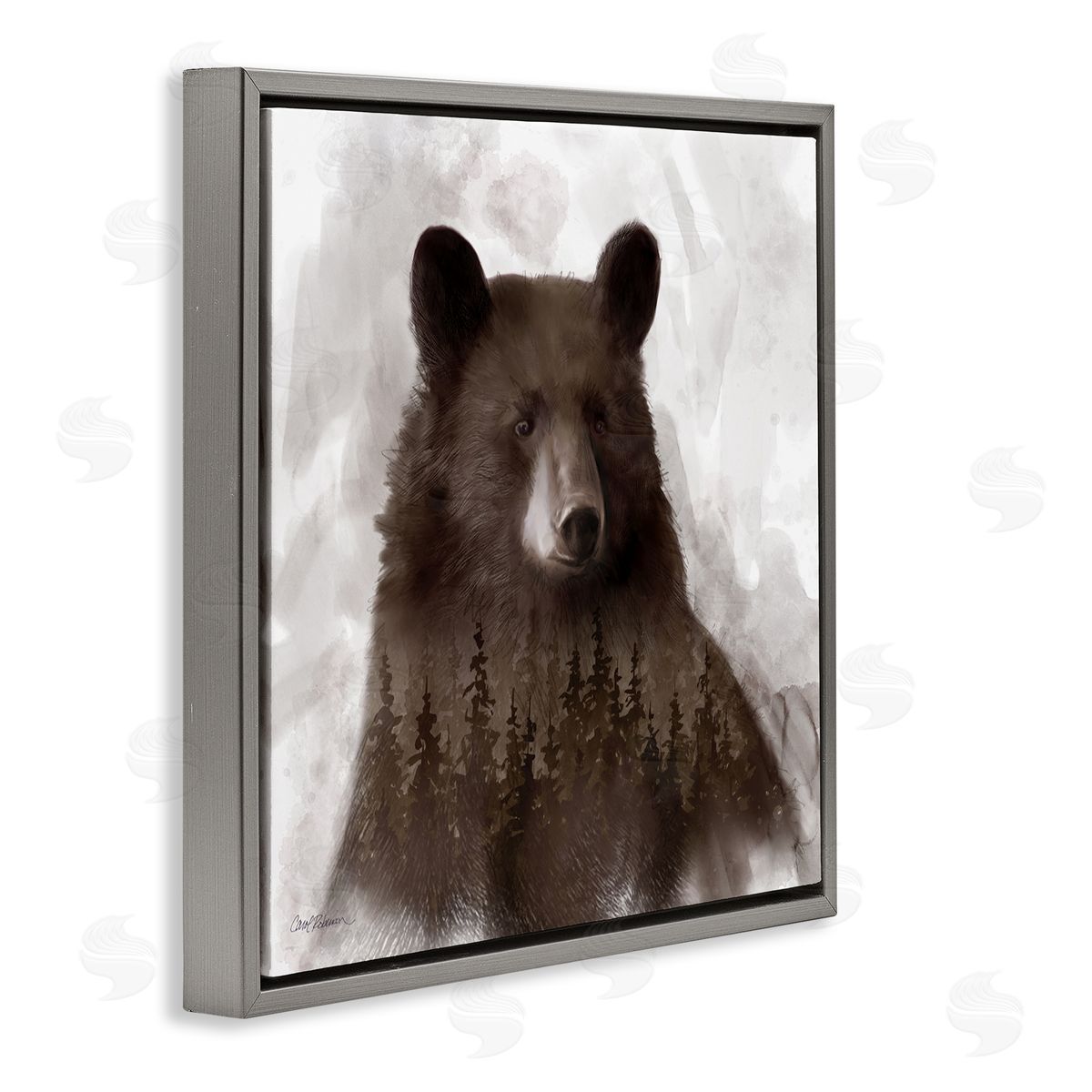 Carol Robinson Woodland Brown Bear Portrait Abstract Pine Tree Forest Gray Floating Frame Canvas Wall Art Print