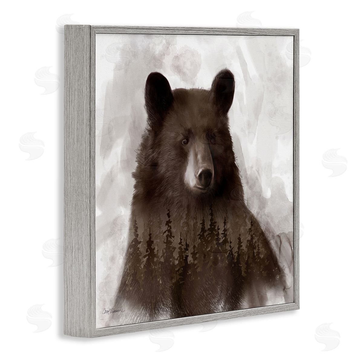 Carol Robinson Woodland Brown Bear Portrait Abstract Pine Tree Forest Gray Framed Glicee Wall Art Print