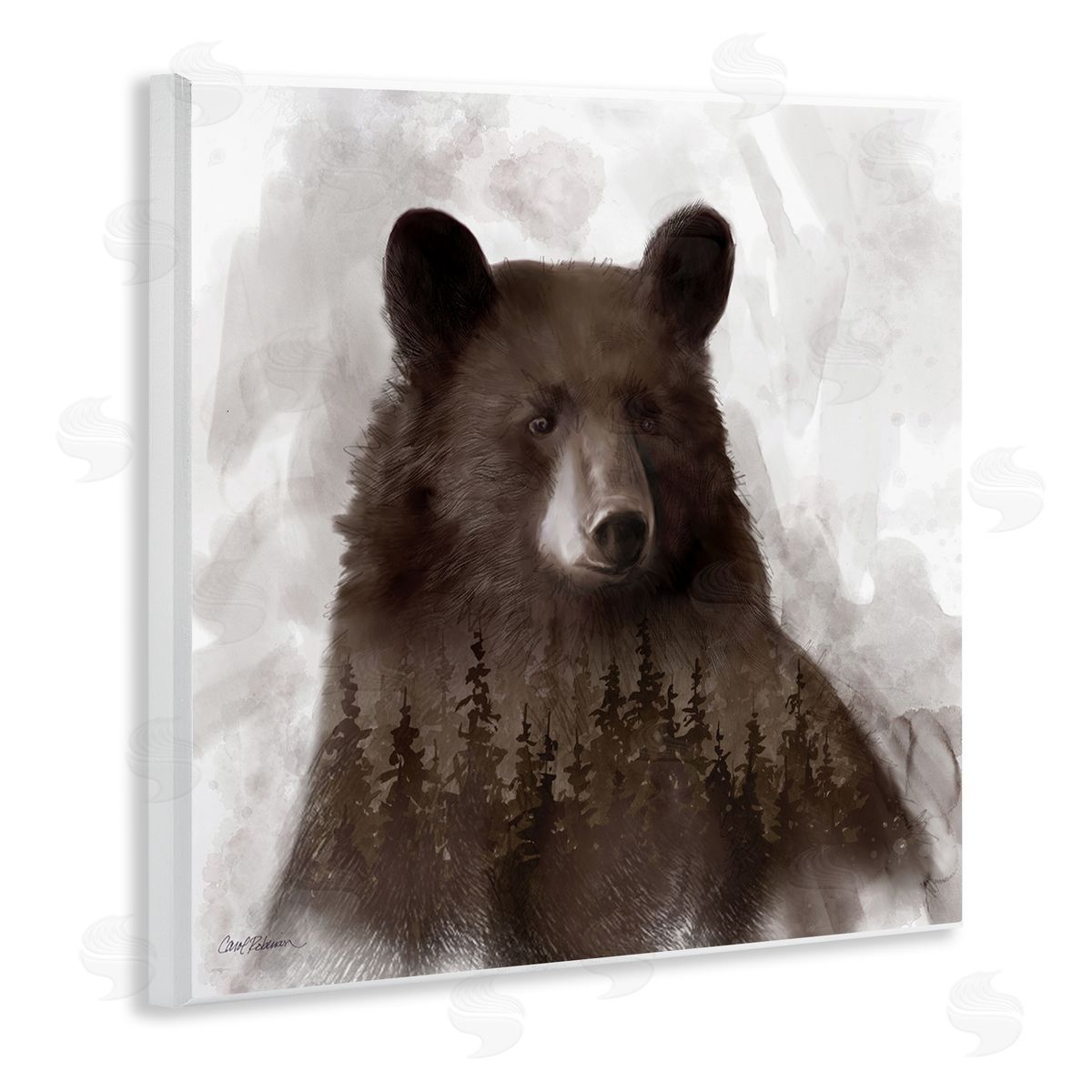 Carol Robinson Woodland Brown Bear Portrait Abstract Pine Tree Forest Wooden Wall Plaque Art Print