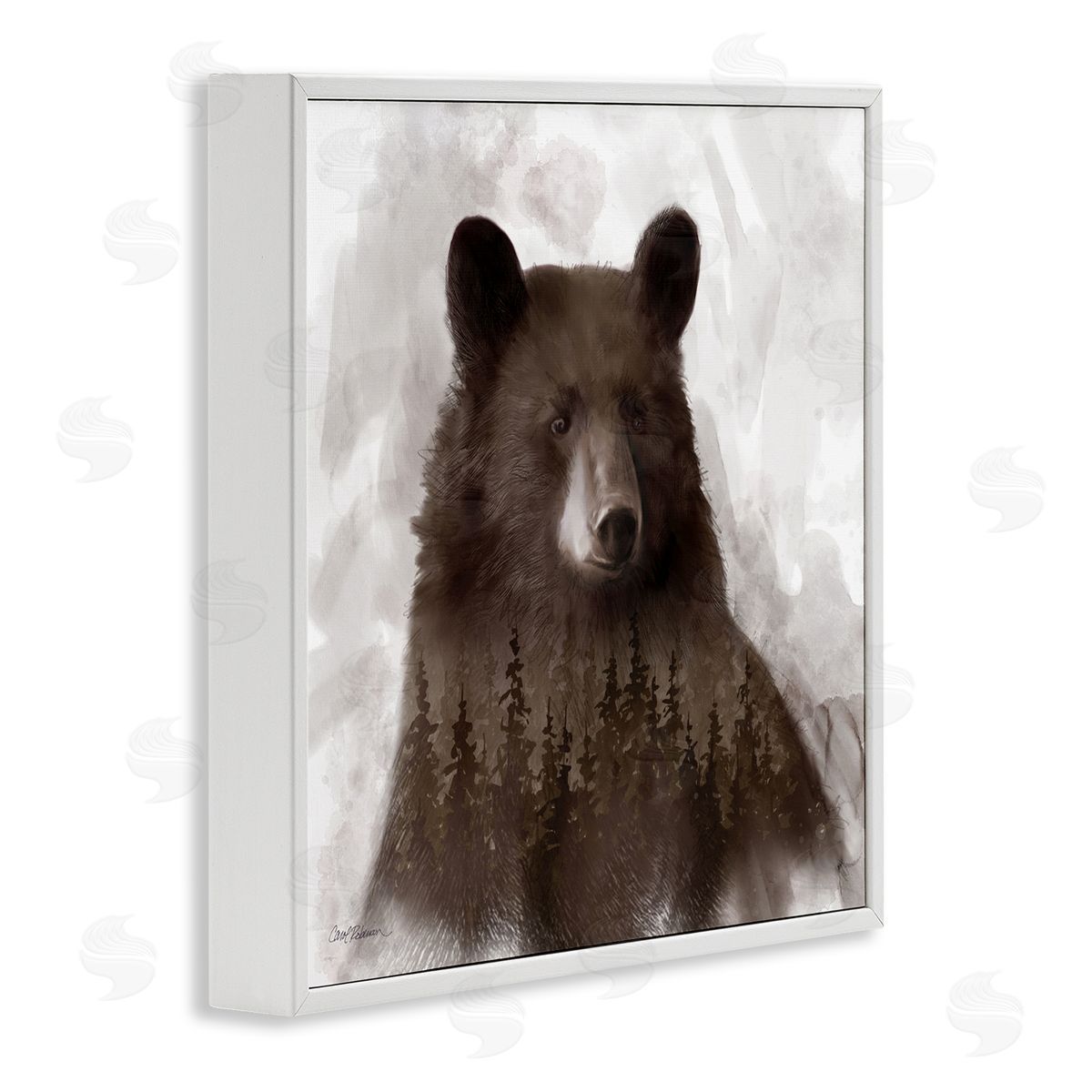 Carol Robinson Woodland Brown Bear Portrait Abstract Pine Tree Forest White Framed Glicee Wall Art Print