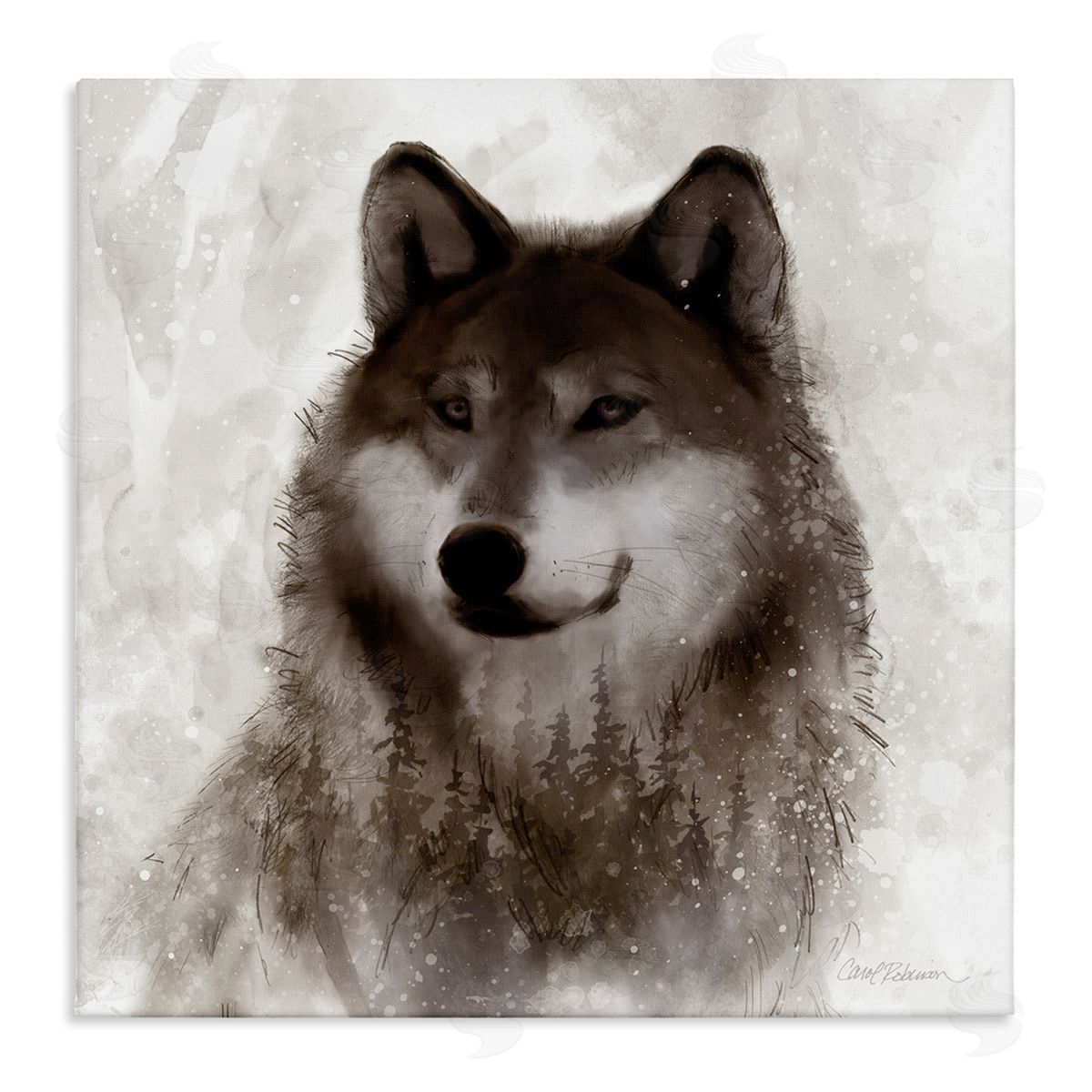 Carol Robinson Woodland Wild Wolf Portrait Abstract Fir Tree Forest Stretched Canvas Wall Art Print