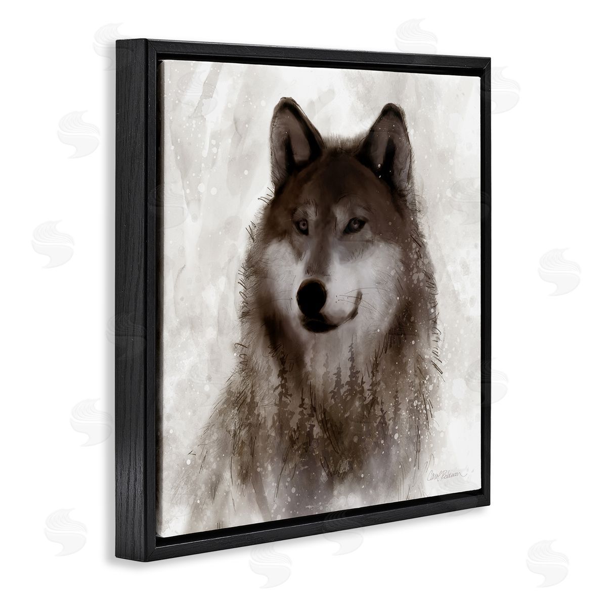 Carol Robinson Woodland Wild Wolf Portrait Abstract Fir Tree Forest Black Floating Frame Canvas Wall Art Print