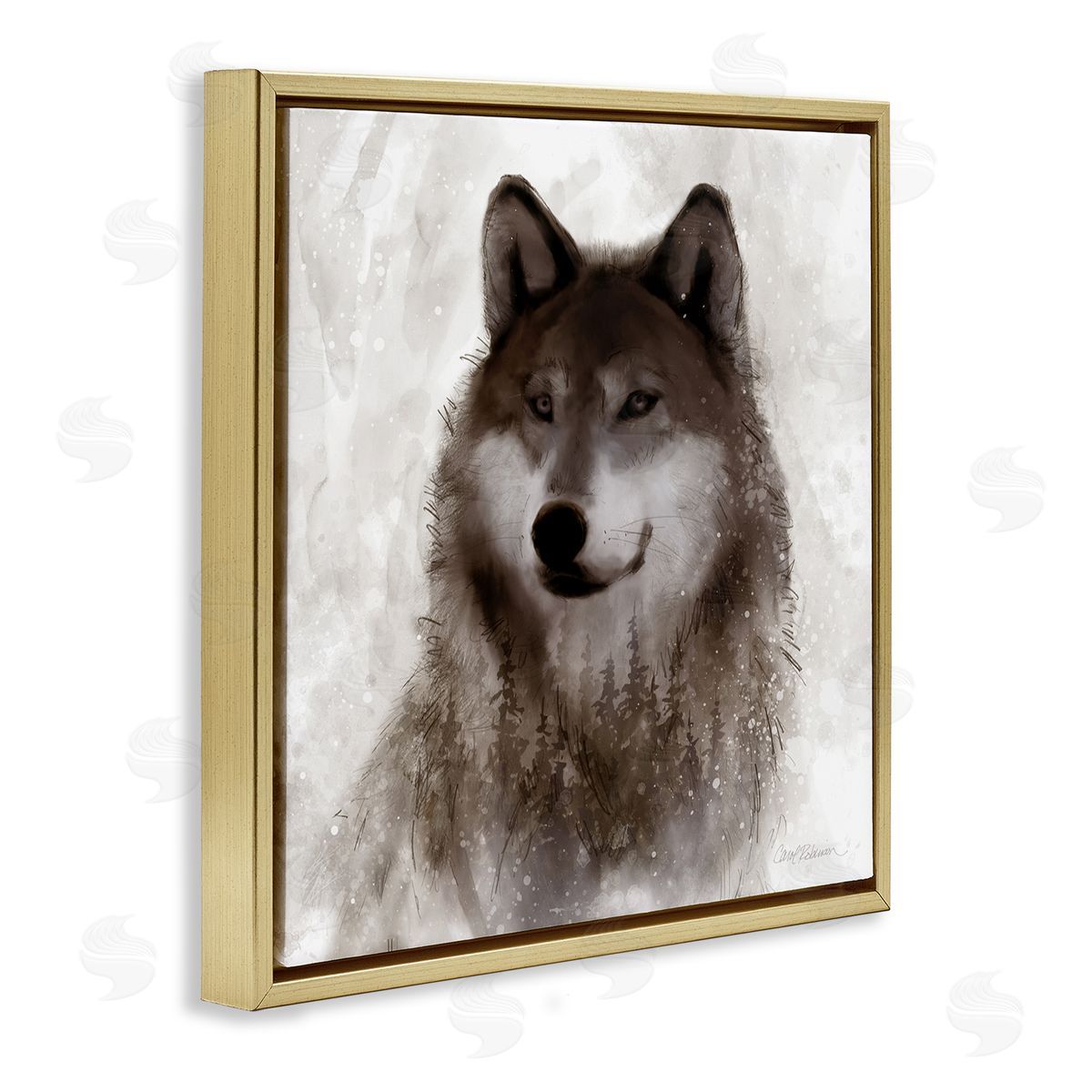 Carol Robinson Woodland Wild Wolf Portrait Abstract Fir Tree Forest Gold Floating Frame Canvas Wall Art Print