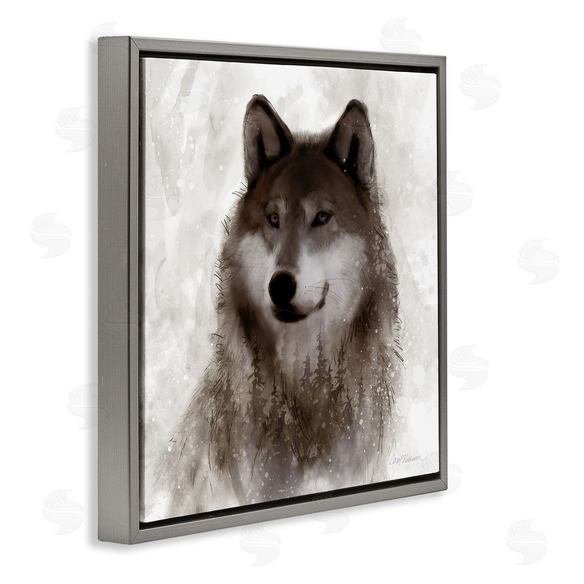 Carol Robinson Woodland Wild Wolf Portrait Abstract Fir Tree Forest Gray Floating Frame Canvas Wall Art Print