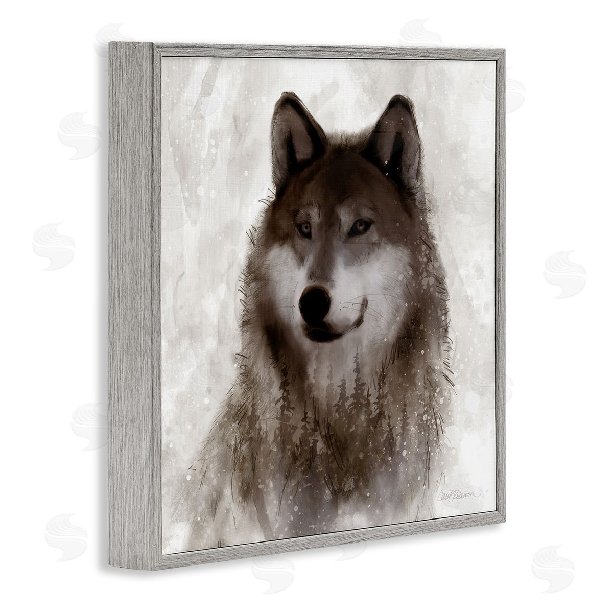 Carol Robinson Woodland Wild Wolf Portrait Abstract Fir Tree Forest Gray Framed Glicee Wall Art Print