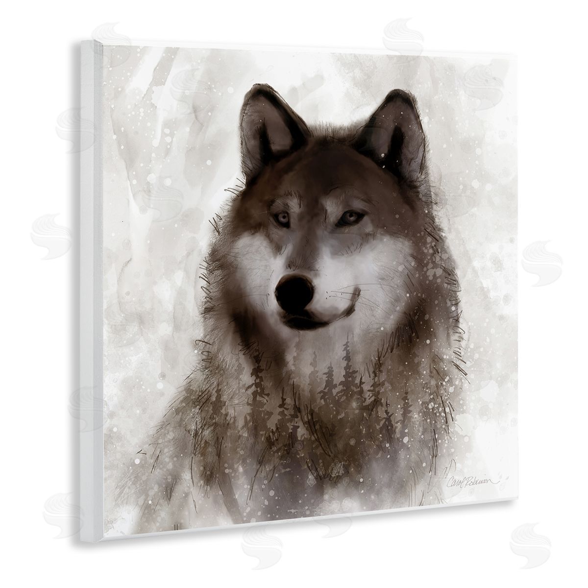 Carol Robinson Woodland Wild Wolf Portrait Abstract Fir Tree Forest Wooden Wall Plaque Art Print