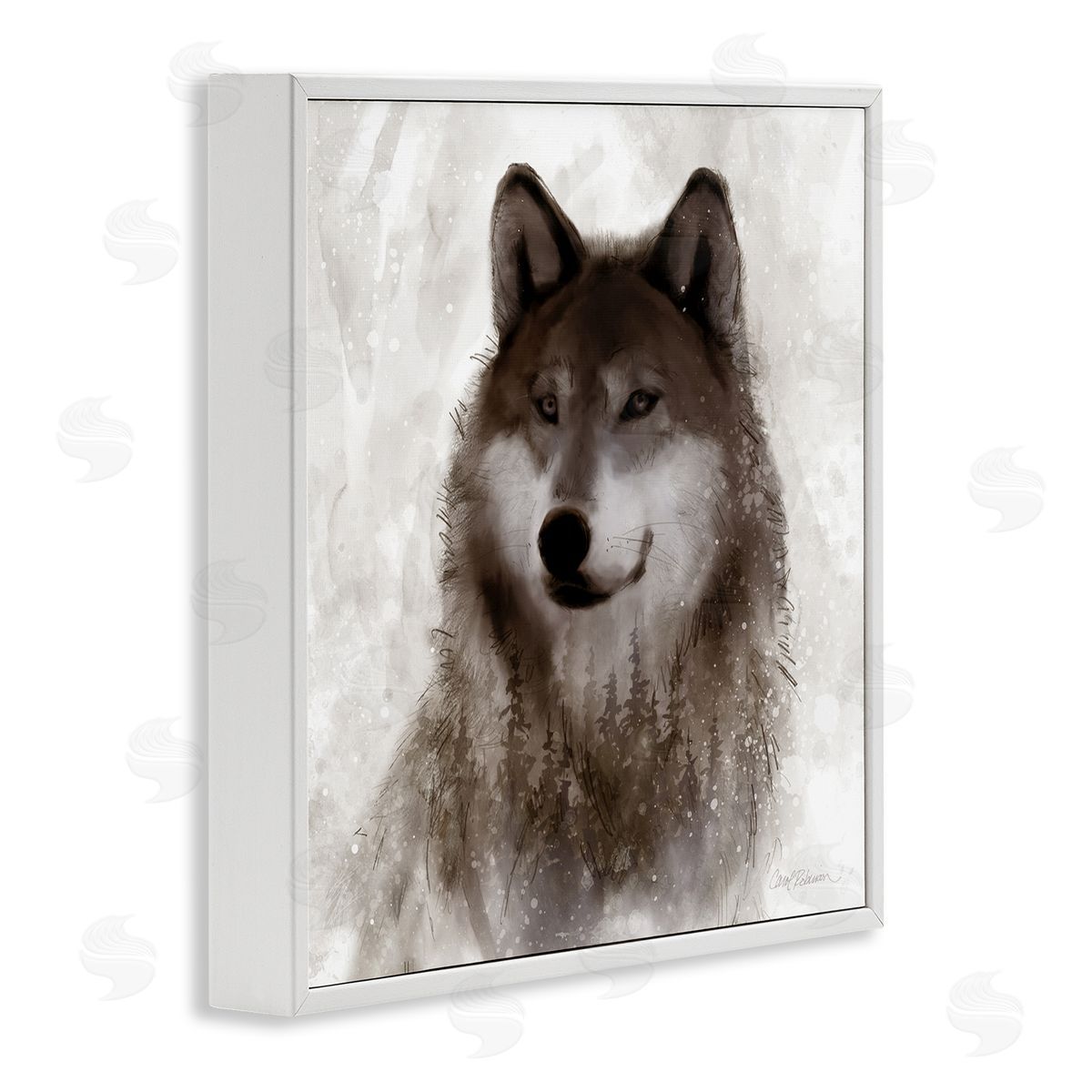 Carol Robinson Woodland Wild Wolf Portrait Abstract Fir Tree Forest White Framed Glicee Wall Art Print