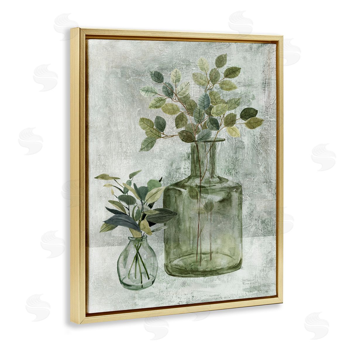 Herbal Plants with Green Leaves Gold Floating Frame Canvas Wall Art, Home Decor by Carol Robinson