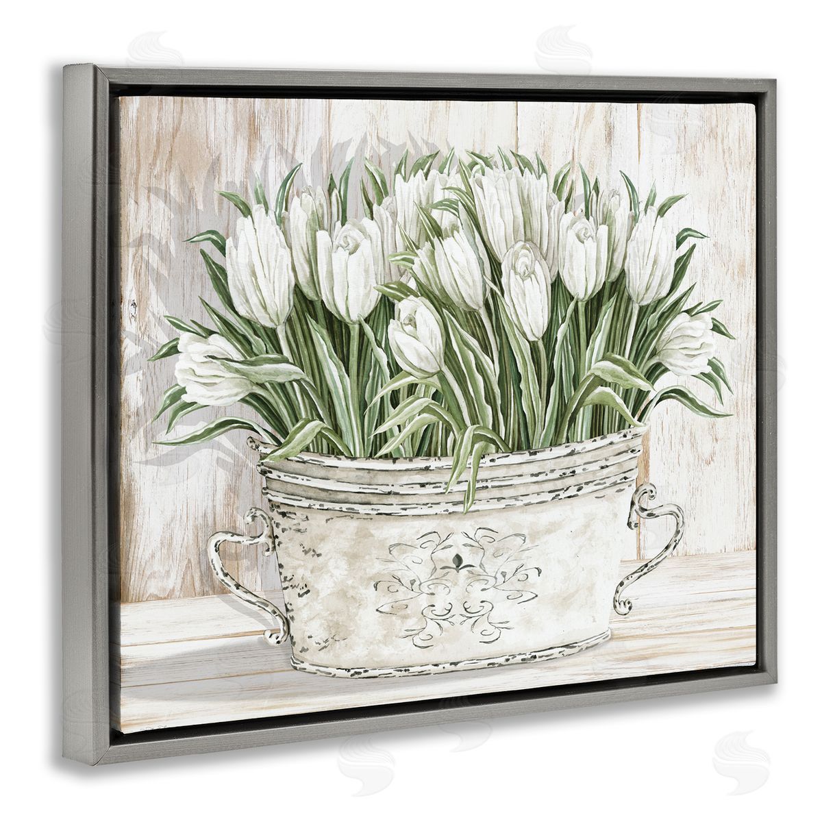 Fresh White Tulip Flowers Vintage Grey Floating Frame Canvas Wall Art, Home Decor by Cindy Jacobs