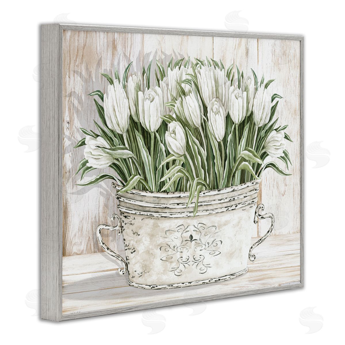 Fresh White Tulip Flowers Vintage Grey Frame Print Wall Art, Home Decor by Cindy Jacobs
