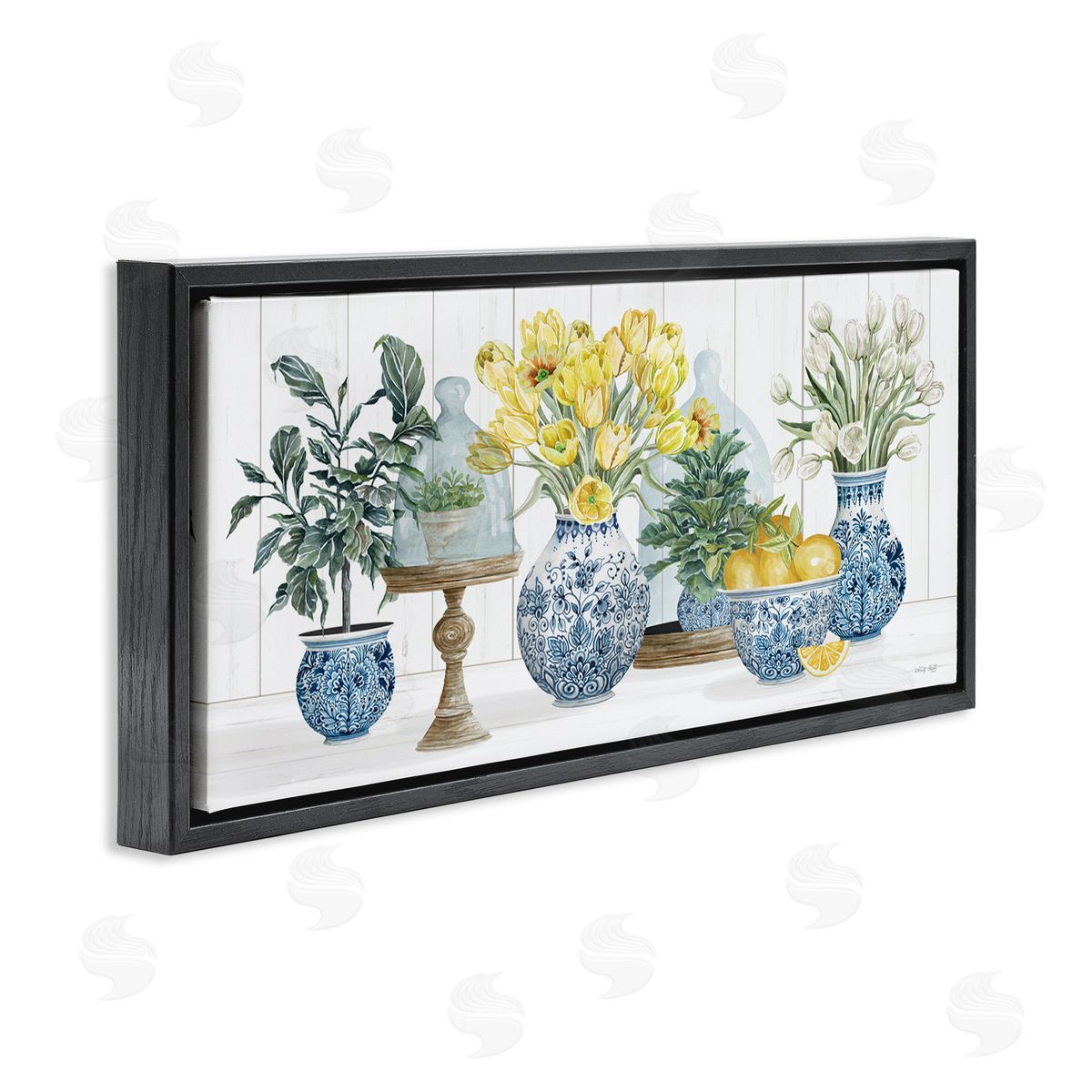 Yellow Tulips & Lemon Fruits Black Floating Frame Canvas Wall Art, Home Decor by Cindy Jacobs