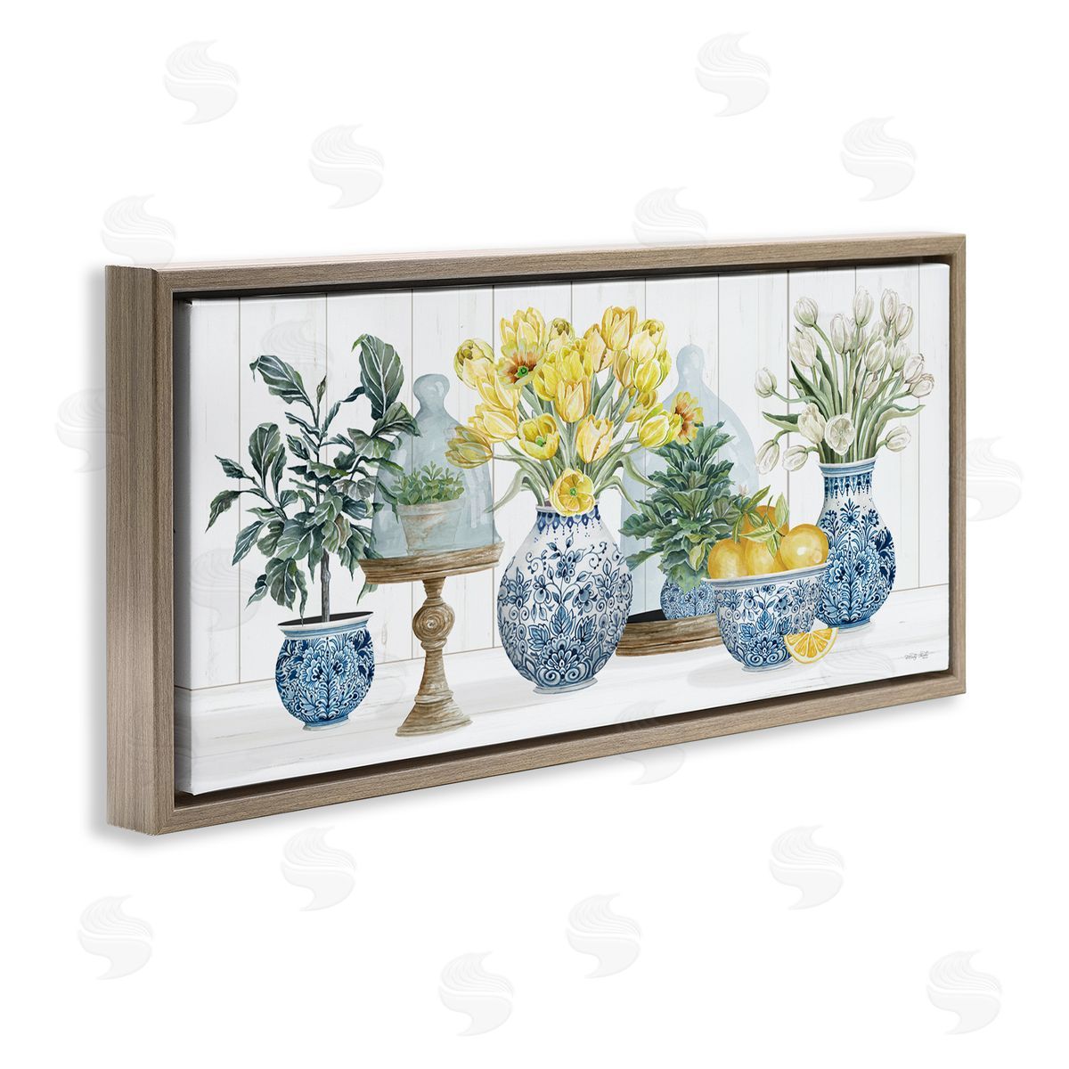 Yellow Tulips & Lemon Fruits Brown Floating Frame Canvas Wall Art, Home Decor by Cindy Jacobs