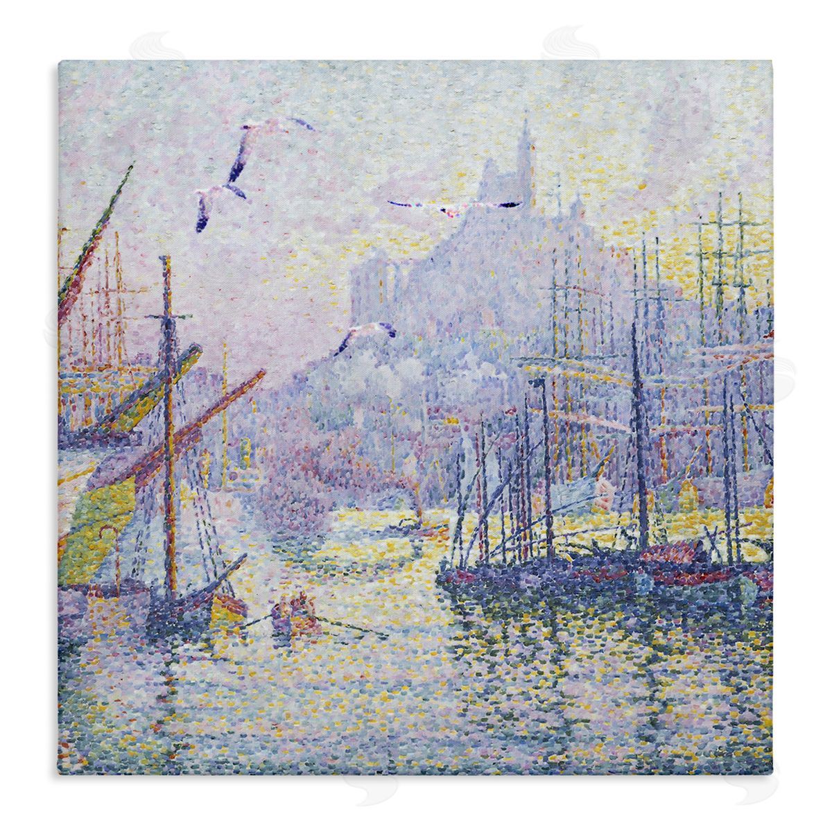 Steve Hunziker Morning Sunrise Ship Port Seagulls Nautical Pointillism Painting Stretched Canvas Wall Art Print