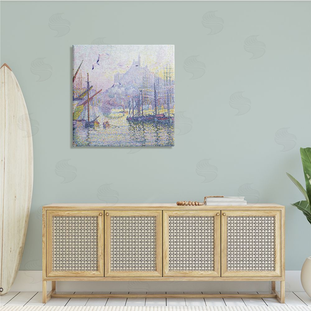 Steve Hunziker Morning Sunrise Ship Port Seagulls Nautical Pointillism Painting Canvas Wall Art in Room