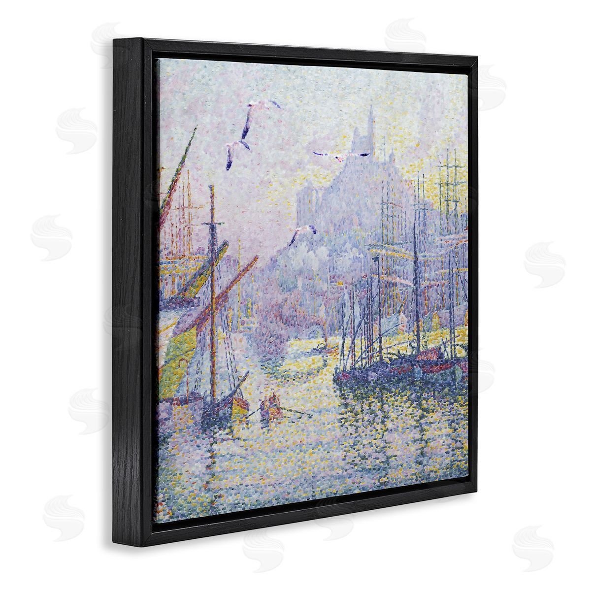 Steve Hunziker Morning Sunrise Ship Port Seagulls Nautical Pointillism Painting Black Floating Frame Canvas Wall Art Print