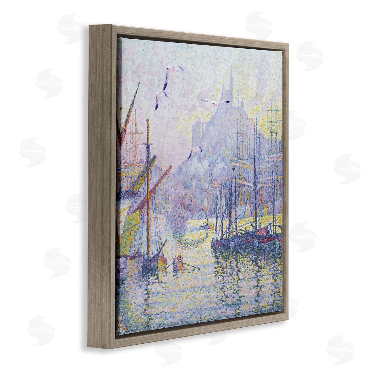 Steve Hunziker Morning Sunrise Ship Port Seagulls Nautical Pointillism Painting Brown Floating Frame Canvas Wall Art Print