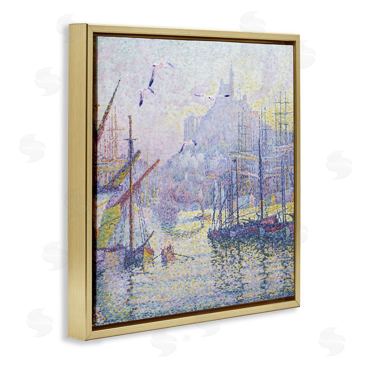 Steve Hunziker Morning Sunrise Ship Port Seagulls Nautical Pointillism Painting Gold Floating Frame Canvas Wall Art Print