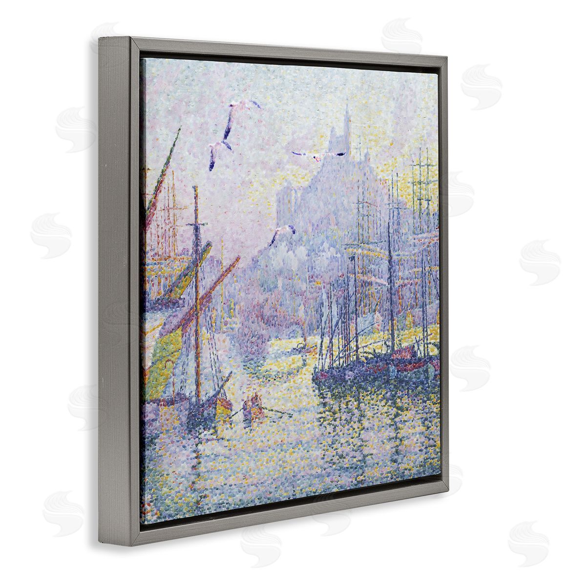 Steve Hunziker Morning Sunrise Ship Port Seagulls Nautical Pointillism Painting Gray Floating Frame Canvas Wall Art Print