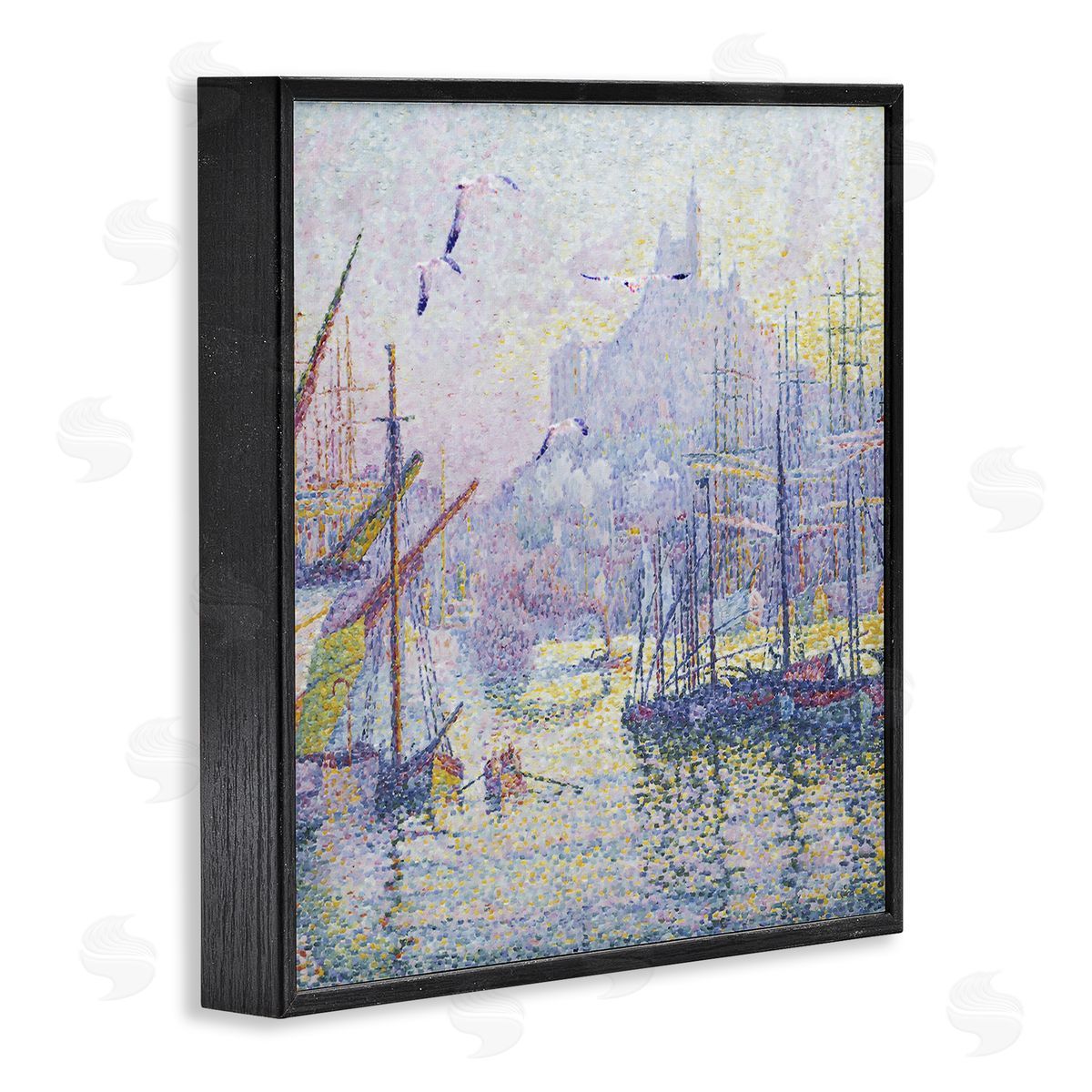 Steve Hunziker Morning Sunrise Ship Port Seagulls Nautical Pointillism Painting Black Framed Glicee Wall Art Print
