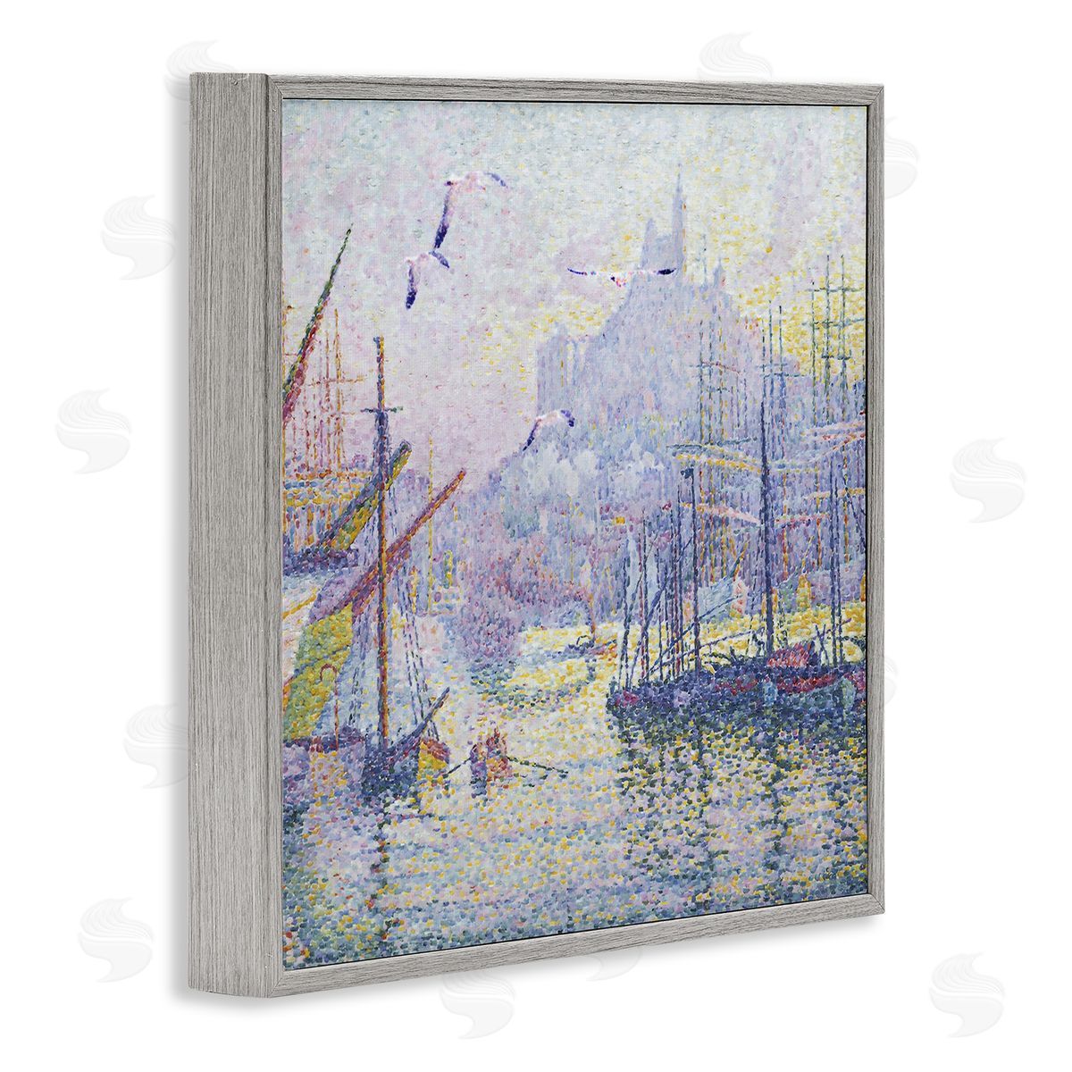 Steve Hunziker Morning Sunrise Ship Port Seagulls Nautical Pointillism Painting Gray Framed Glicee Wall Art Print