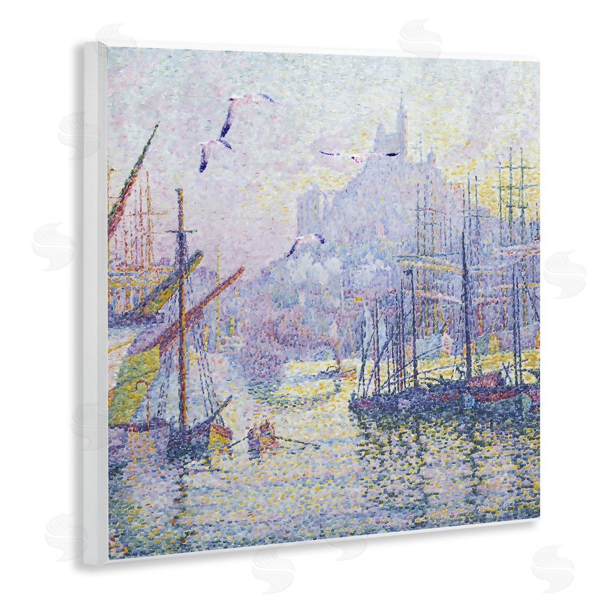Steve Hunziker Morning Sunrise Ship Port Seagulls Nautical Pointillism Painting Wooden Wall Plaque Art Print