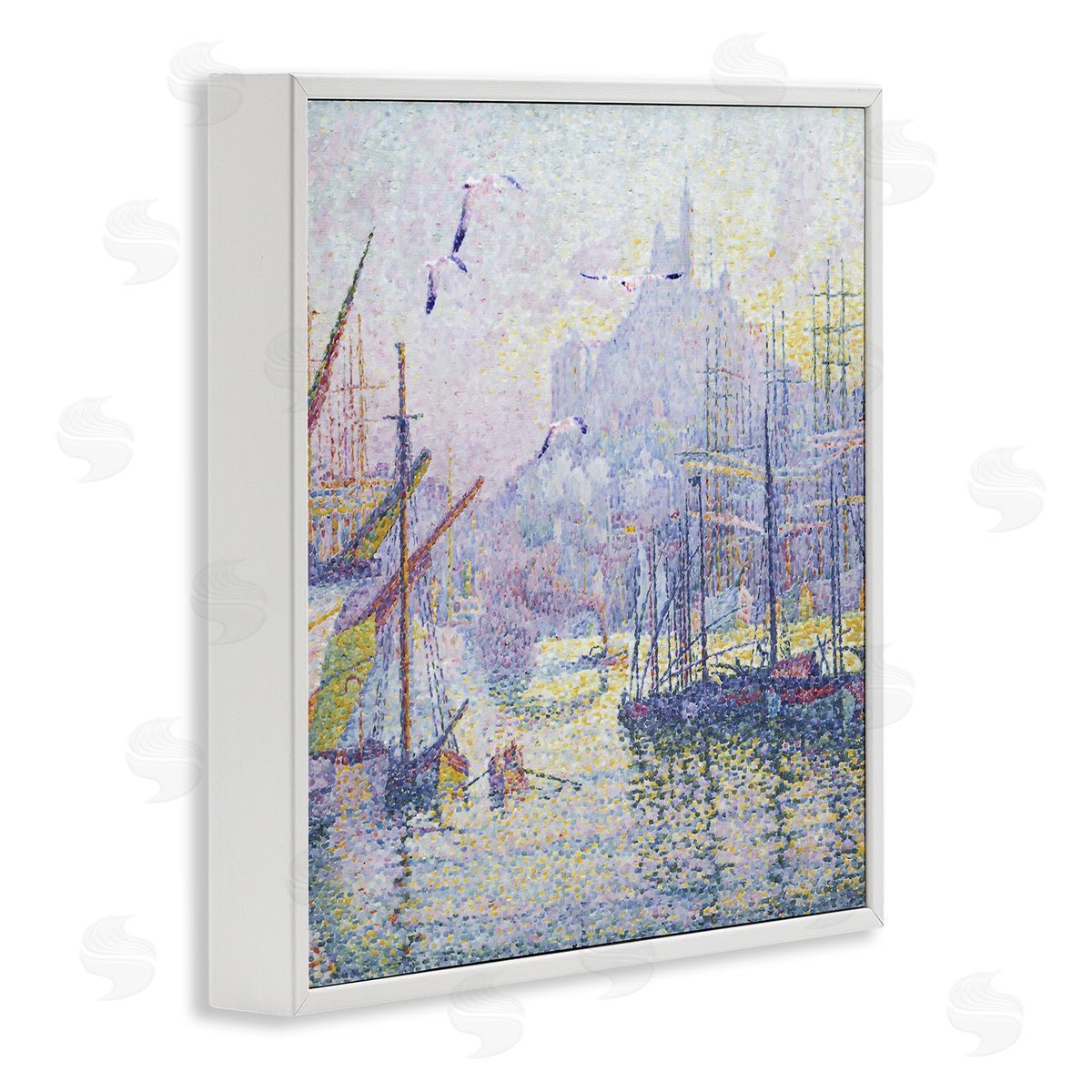 Steve Hunziker Morning Sunrise Ship Port Seagulls Nautical Pointillism Painting White Framed Glicee Wall Art Print