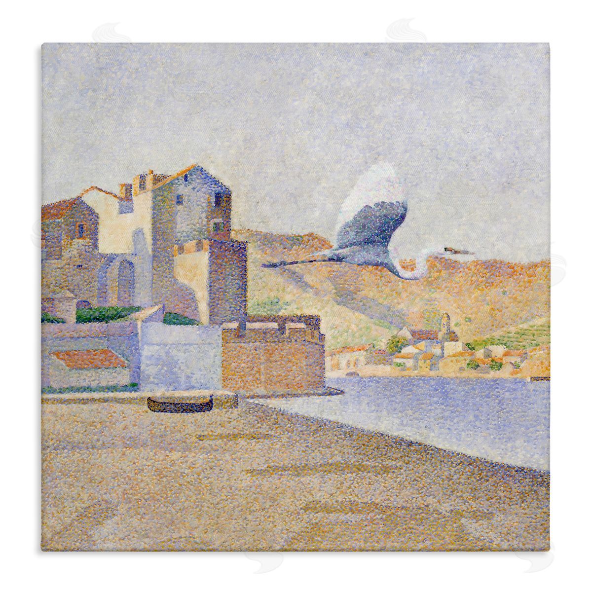 Steve Hunziker Flying Crane Bird European Coastal Seaport Pointillism Painting Stretched Canvas Wall Art Print