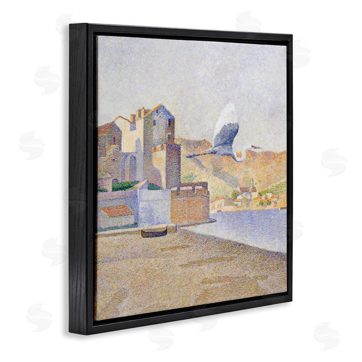 Steve Hunziker Flying Crane Bird European Coastal Seaport Pointillism Painting Black Floating Frame Canvas Wall Art Print