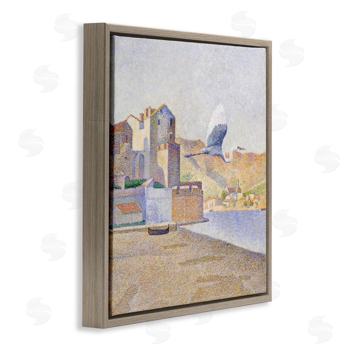 Steve Hunziker Flying Crane Bird European Coastal Seaport Pointillism Painting Brown Floating Frame Canvas Wall Art Print