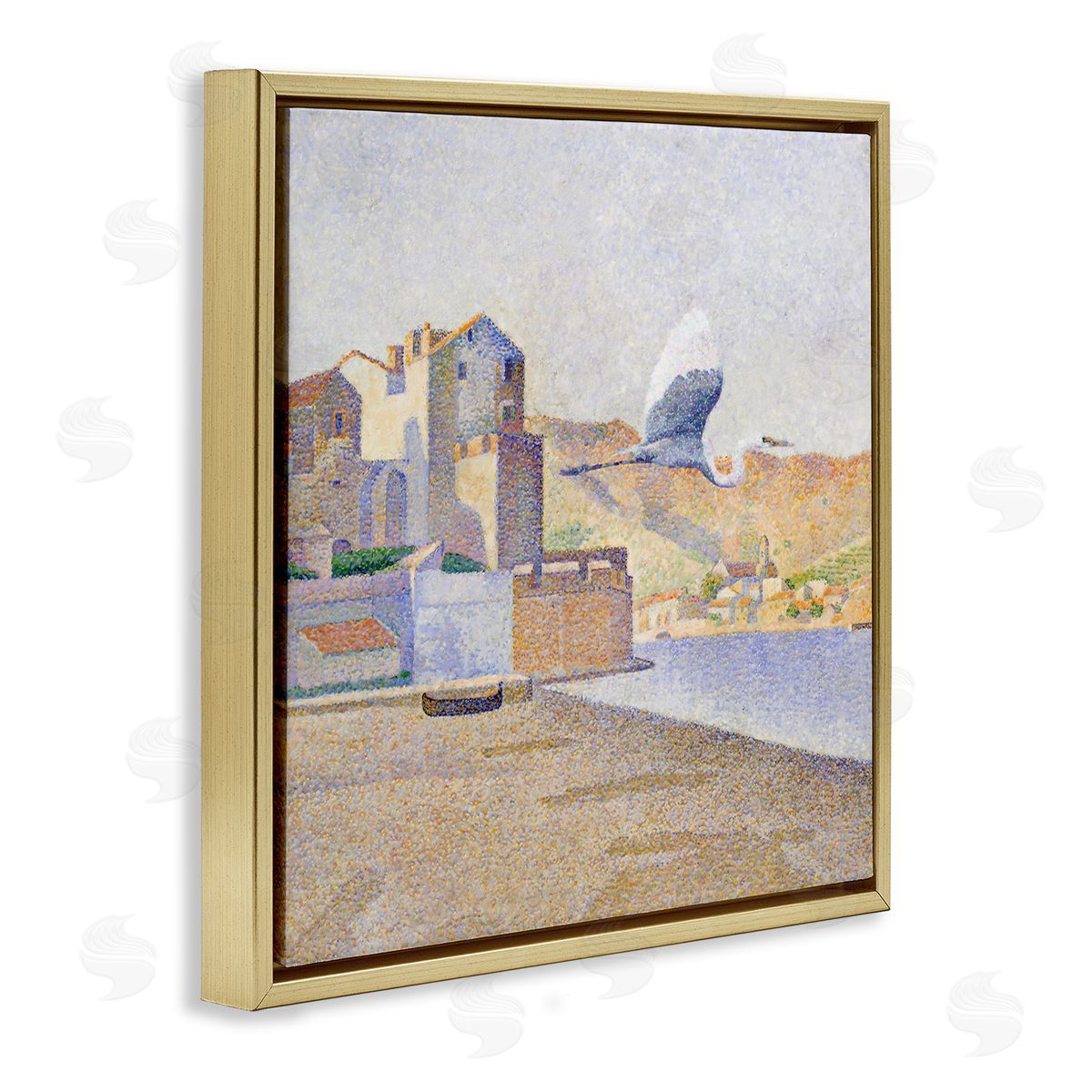Steve Hunziker Flying Crane Bird European Coastal Seaport Pointillism Painting Gold Floating Frame Canvas Wall Art Print