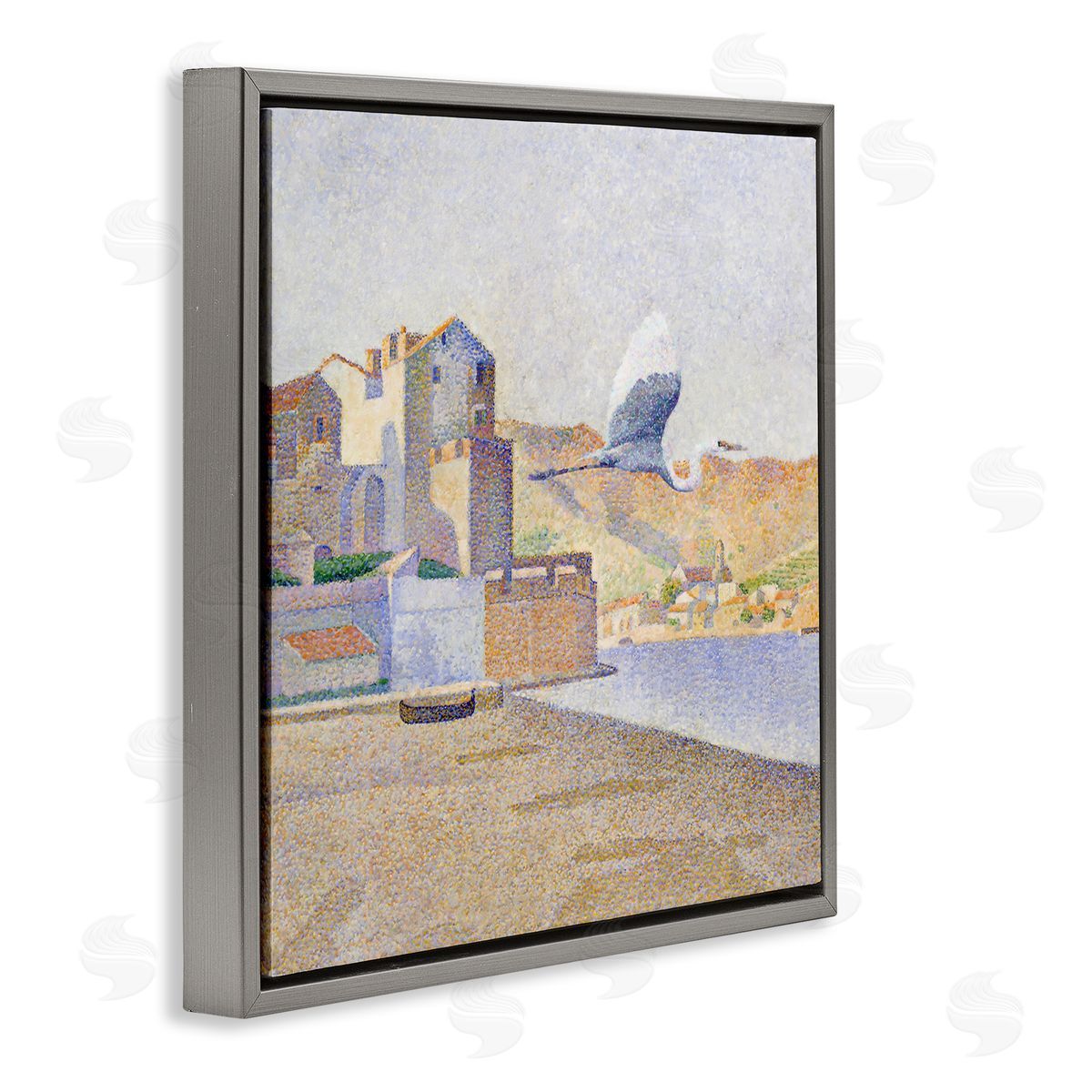 Steve Hunziker Flying Crane Bird European Coastal Seaport Pointillism Painting Gray Floating Frame Canvas Wall Art Print