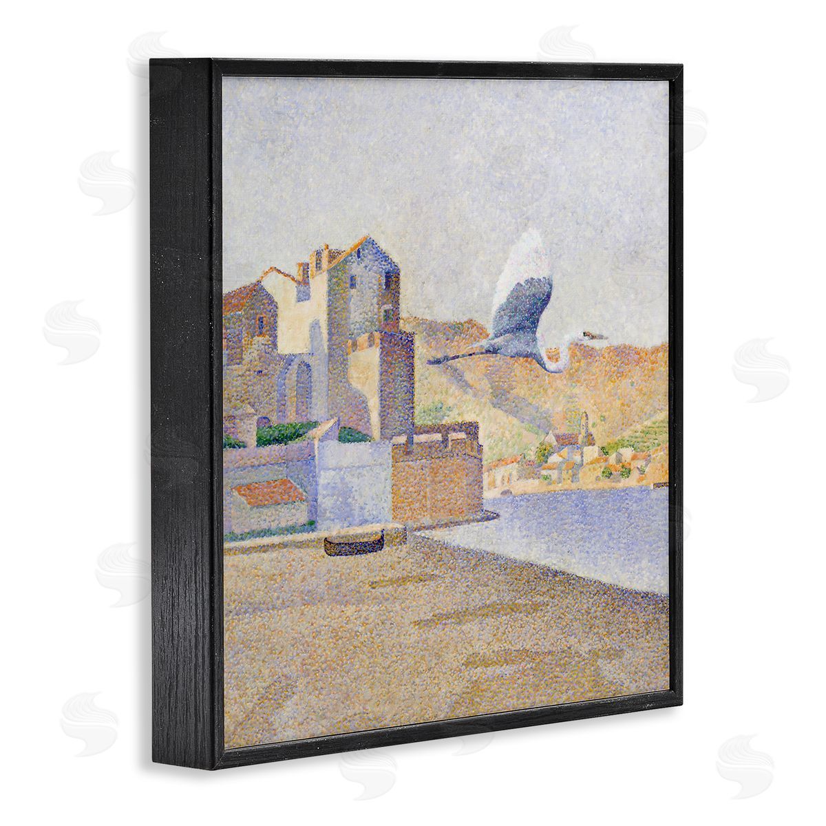 Steve Hunziker Flying Crane Bird European Coastal Seaport Pointillism Painting Black Framed Glicee Wall Art Print