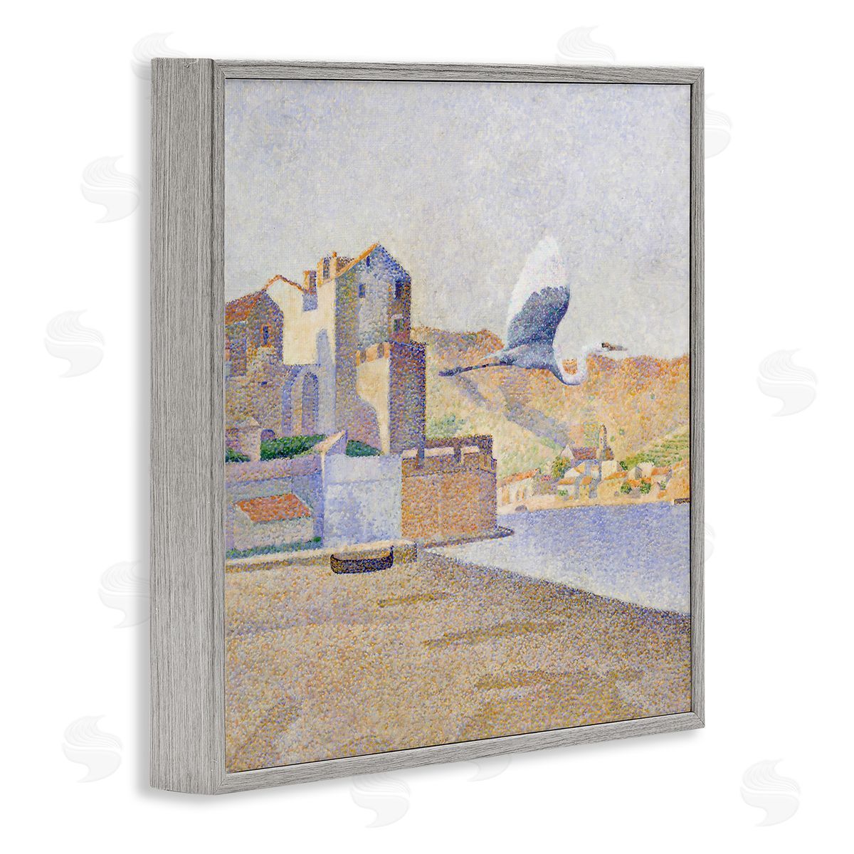 Steve Hunziker Flying Crane Bird European Coastal Seaport Pointillism Painting Gray Framed Glicee Wall Art Print