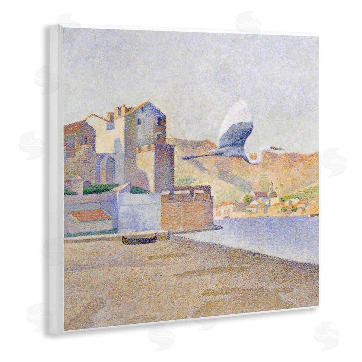 Steve Hunziker Flying Crane Bird European Coastal Seaport Pointillism Painting Wooden Wall Plaque Art Print