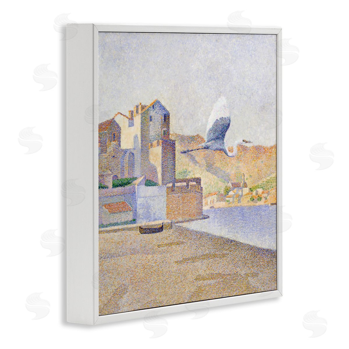 Steve Hunziker Flying Crane Bird European Coastal Seaport Pointillism Painting White Framed Glicee Wall Art Print