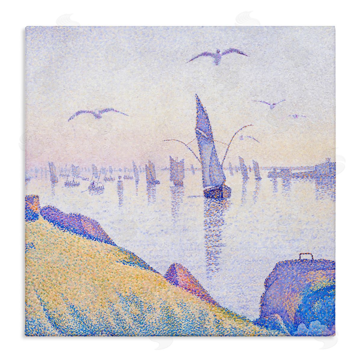 Steve Hunziker Seagulls and Sailboat Coast Sunrise Morning Pointillism Painting Stretched Canvas Wall Art Print